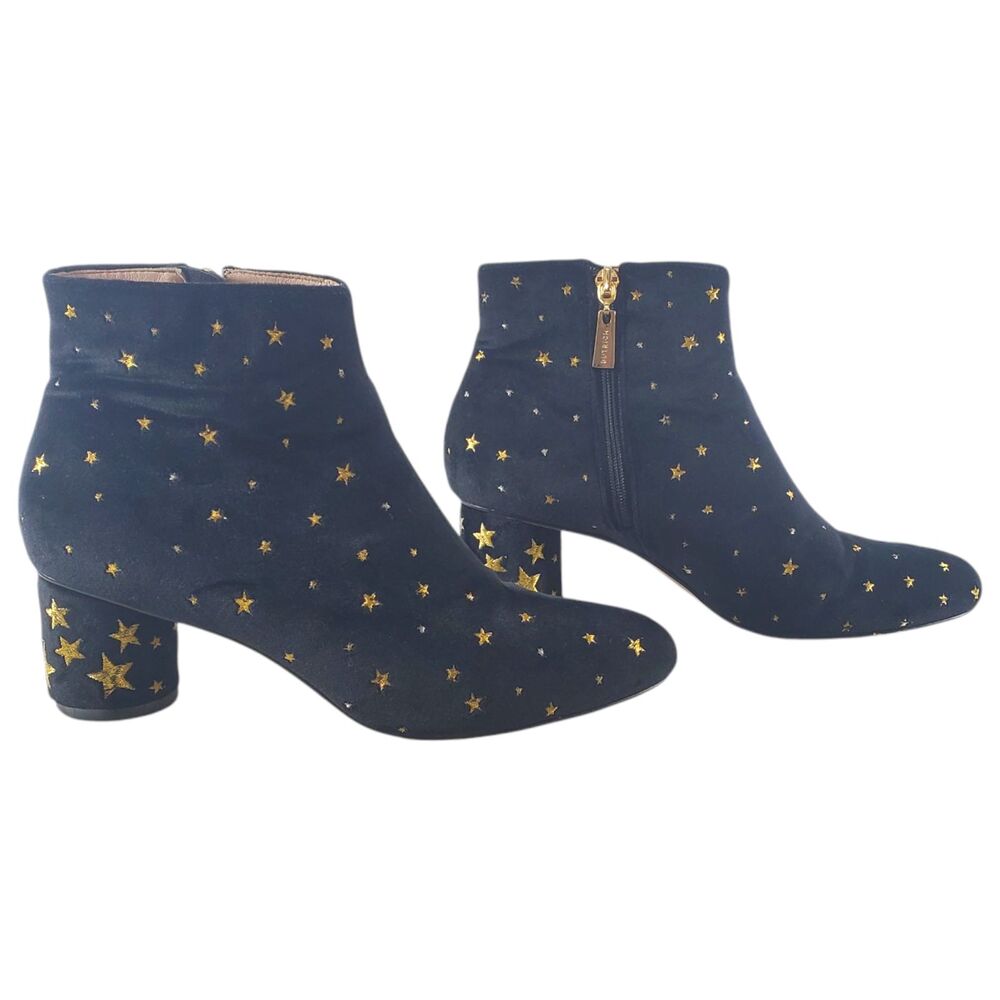 sz 7 Butrich Black Velvet Gold Stars Embroidered Booties Ankle Boots Metallic